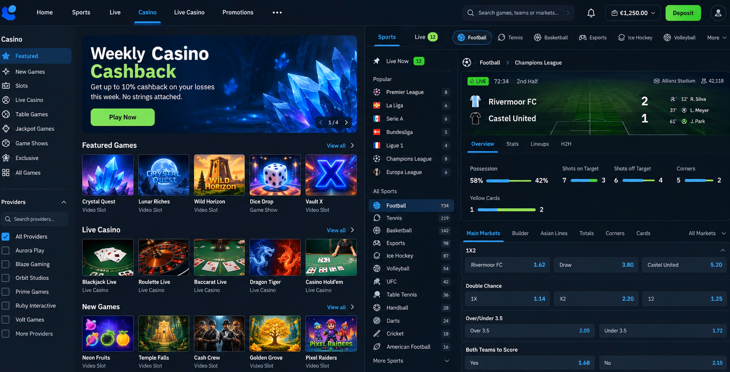 Integrated online casino lobby and live sportsbook interface design
