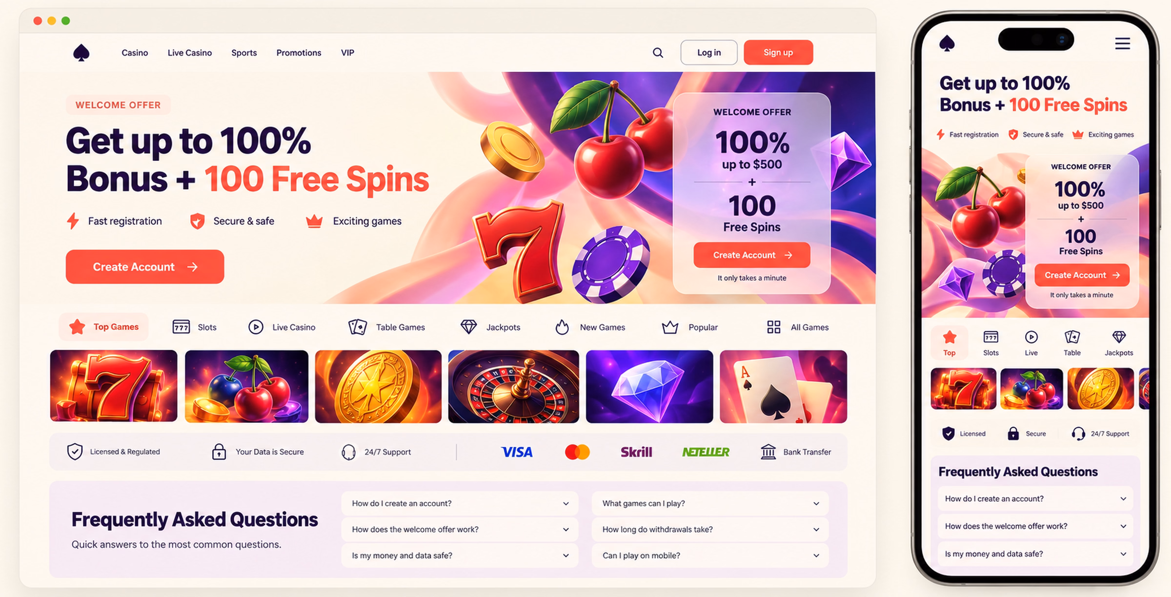 Conversion-focused iGaming landing page with trust, games and registration journey