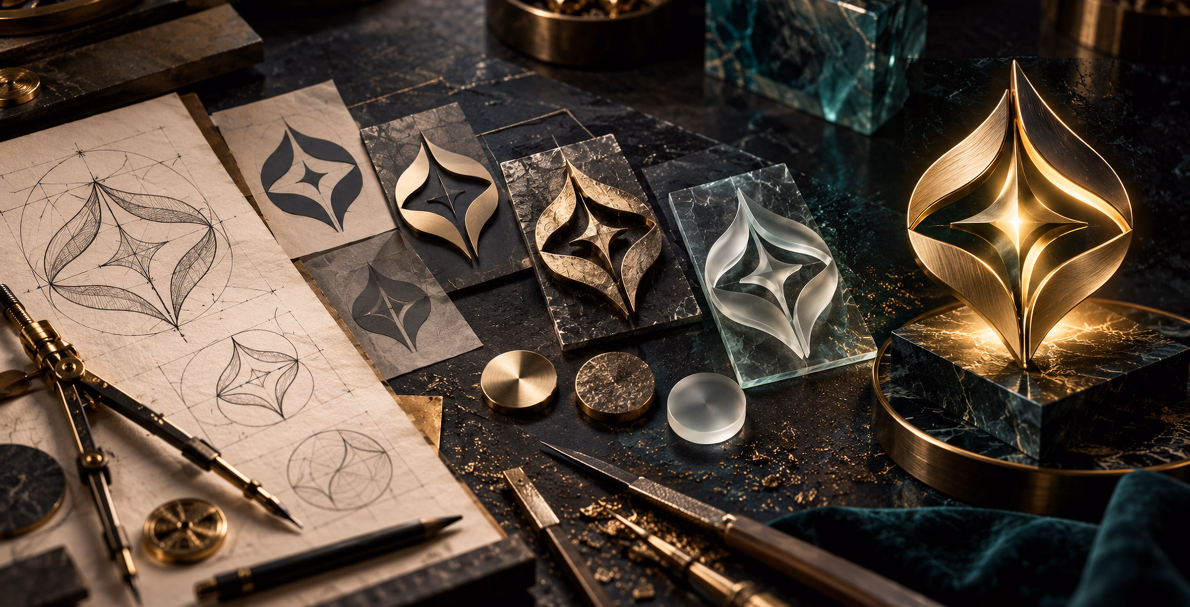 Casino logo design process from geometric sketches to finished sculptural emblem
