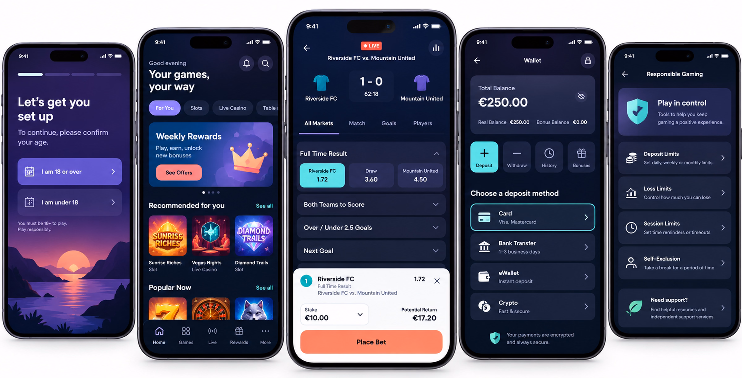 Mobile iGaming app journey with onboarding, betting, payments and responsible-play controls
